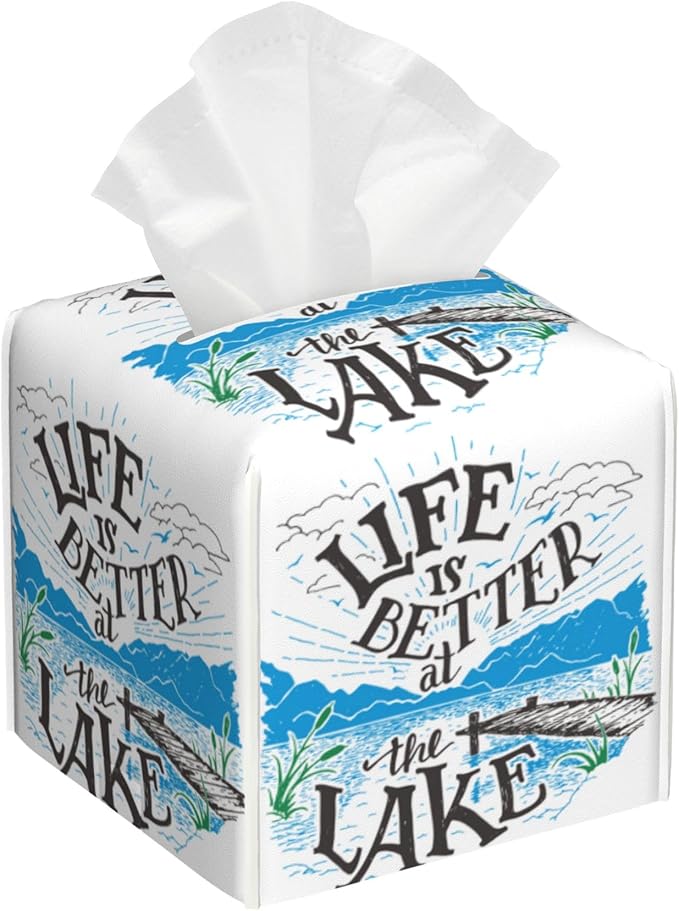 POIUBLE Leather Tissue Box Holder Life is Better at The Lake Tissue Box Cover Square Waterproof Tissue Holder Organizer Modern Napkin Holder for Bedroom Dresser Night Stand Office Desk