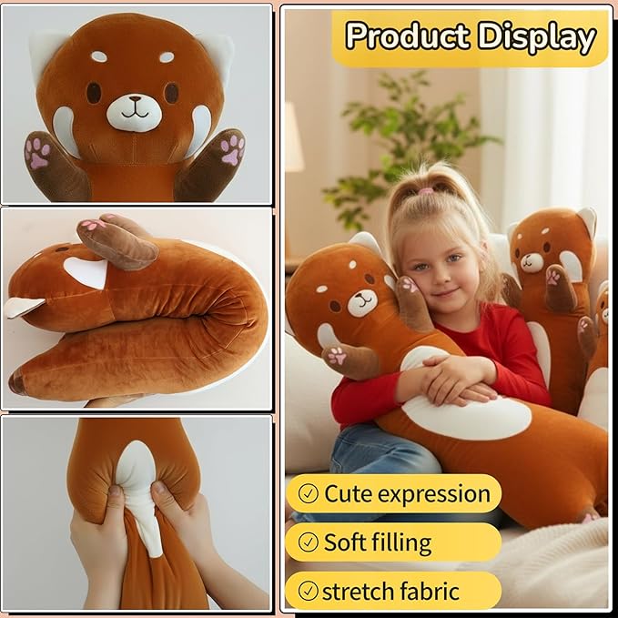 Shuoopen Red Panda Stuffed Animal Pillow - Long Red Panda Plush Toy, Super Soft Hugging Pillow for Kids & Adults, Gift for Christmas & Home Decor (90cm/35.4inch)