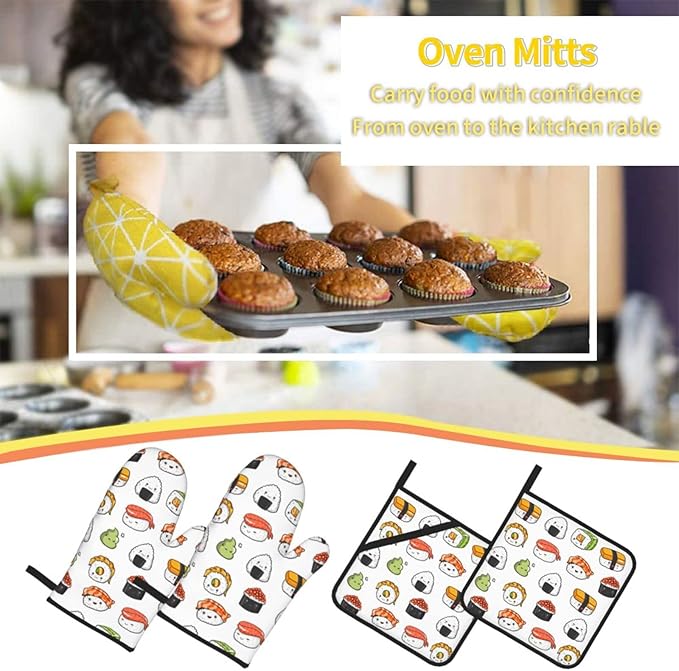 Japanese Kawaii Sushi Oven Mitts and Pot Holders Set of 4, Oven Mittens and Potholders Heat Resistant Gloves for Kitchen Cooking Baking Grilling BBQ