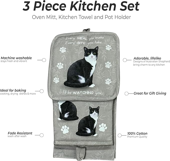 Black and White Cat 3-Piece Kitchen Set - Oven Mitt, Pot Holder & Kitchen Towel Set, Heat Resistant up to 420 F, Soft Quilted Cotton for Cooking, Baking, BBQ, Pet Lover Gifts (Black and White Cat)