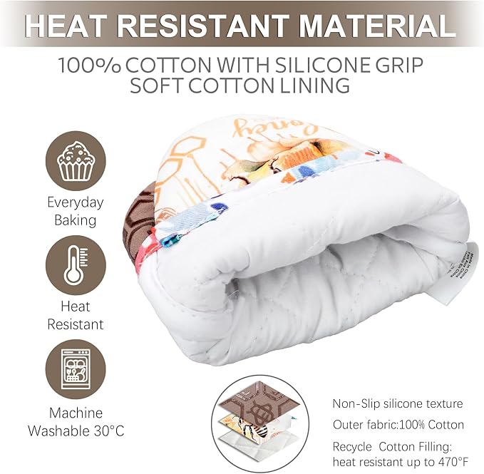 Mini Oven Mitts,2pk - Silicone Little Kitchen Gloves, Heat Resistant with Non-Slip Grip and Soft Quilted Cotton Lining for Safe Backing Cooking Barbecue (Khaki, Bee)