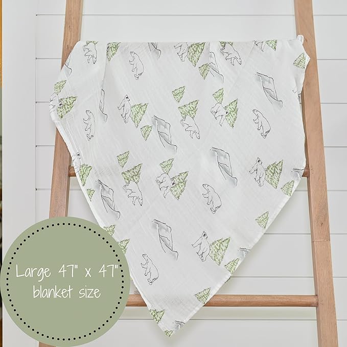 LollyBanks 100% Cotton Soft Muslin Swaddle Blankets, Polar Bear Theme, 47 x 47 Inches, 3-Pack