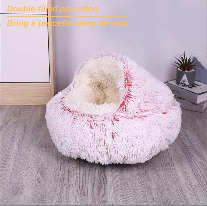 SUOXU Anti-Anxiety Cat Bed, Plush Hooded Cave, 20 in Diameter, Suitable for Small to Medium Pets, Pink