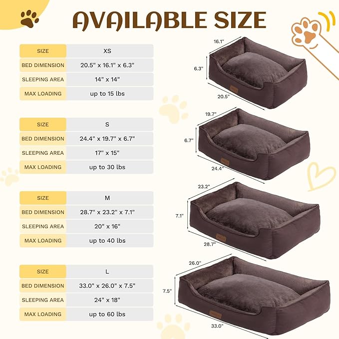 OUPEIWAWA Rectangle Dog Bed for Large Medium Small Dogs Washable Pet Bed with Bolster Sides Non-Slip Bottom Pet Sofa Waterproof Lining Durable Pet Cuddler, Dark-Brown, 33x 26x 7.5