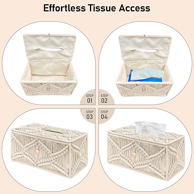 KaloKalo Handmade Tissue Box Cover Rectangle Decorative Macrame Boho Tissue Holder Cotton Rope Woven Napkin Facial Paper Organizer Bohemian Desk Storage Container with Buckle Wood Beads (Ivory)