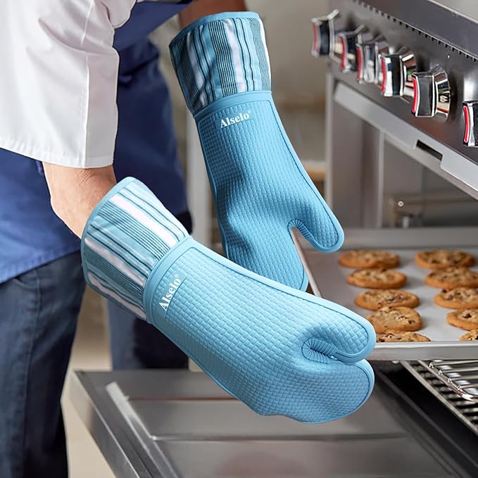 Oven Mitts Heat Resistant Silicone Kitchen Gloves for 550 Degrees with Waterproof and Non-Silp, Oven Gloves for Baking Cooking Barbecue Microwave Machine Washable (2, Extra Long Sapphire)