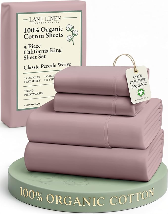LANE LINEN 100% Organic Cotton Cal King Size Bed Sheets, Sustainably Produced Okeo Tex Certified California King Cotton Sheets, Luxury Hotel Percale Soft & Comfy Comes in Variety of Colors -Lilac