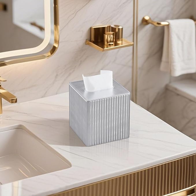 MEIBOOCH PU Leather Tissue Box Cover Square, Rectangle Tissue Box Holder with Magnetic Closure, Decorative Tissue Holder for Bathroom Bedroom Office (Shiny Silver, Square)