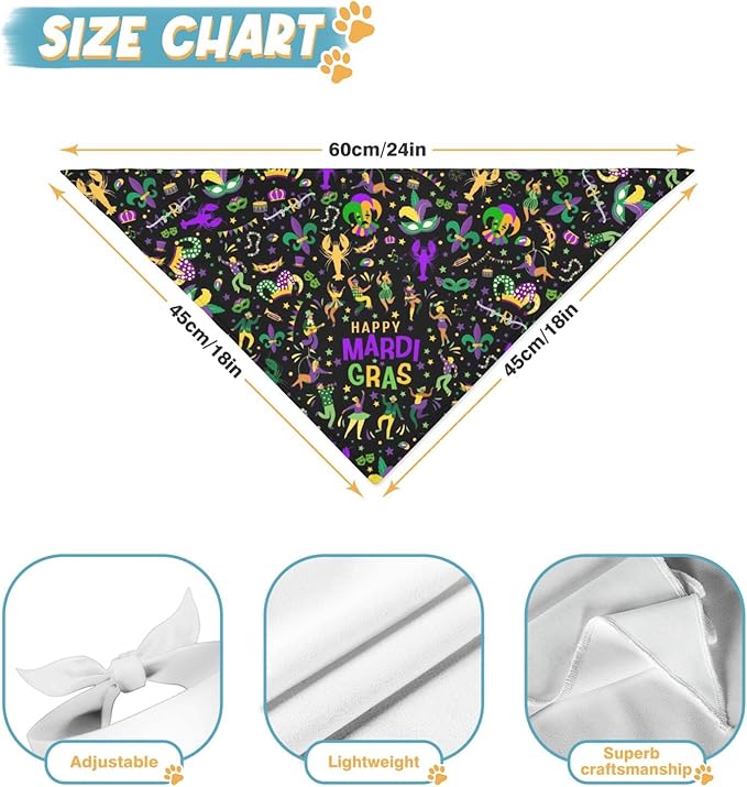 Mardi Gras Dog Bandana Reversible 2 Pack Small, Mardi Gras Pet Bandanas for Dogs Cute Purple Green Yellow Adjustable Triangle Holiday Scarves for Small Medium Boy Girl Dogs