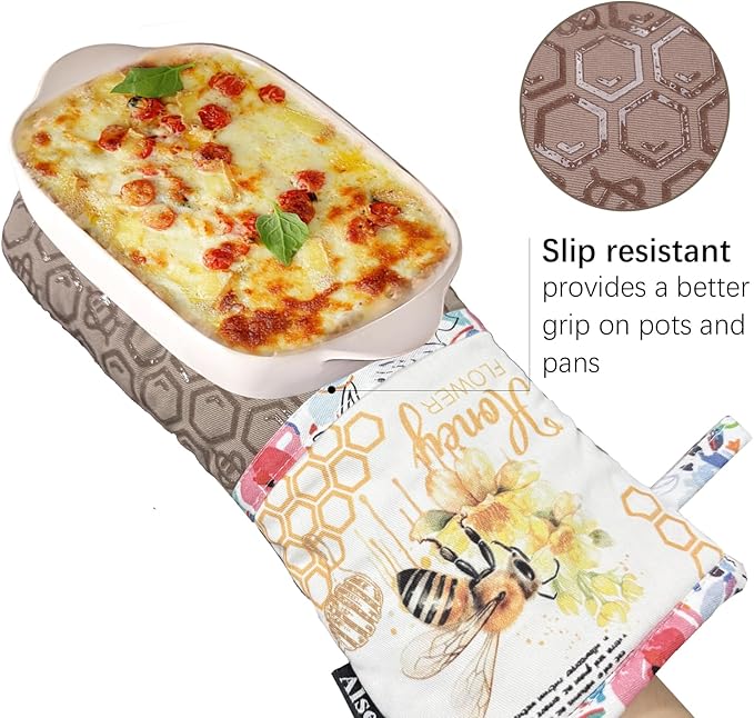 Oven Mitts, Heat Resistant with Soft Quilted Cotton Lining Set of 2, Fashion Bee Design with Silicone Printing Anti-Slip Kitchen Gloves for Safe Backing Cooking Barbecue (Khaki, Bee)