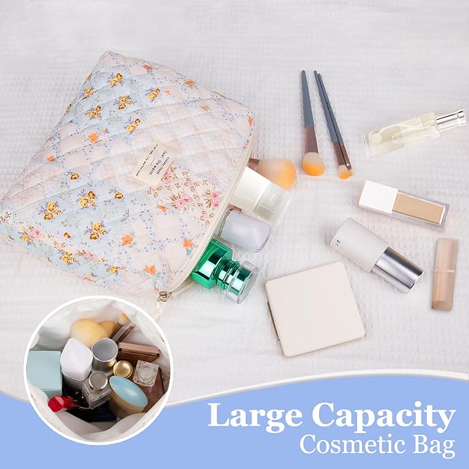 Gosect Floral Makeup Bag, Small Cosmetic Bag for Women Girls, Cute Cotton Makeup Bag, Quilted Makeup Bags, Flower Travel Toiletry Organizer Bag(Folk Style)