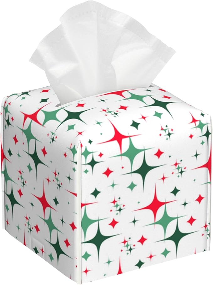 BLYKVGHQ Square Tissue Box Cover Retro Christmas Stars Tissue Box Holder Facial Cube Paper Dispenser Leather Decorative Organizer Home Office Desk Decor, 5.2"x5.2"x5.2"