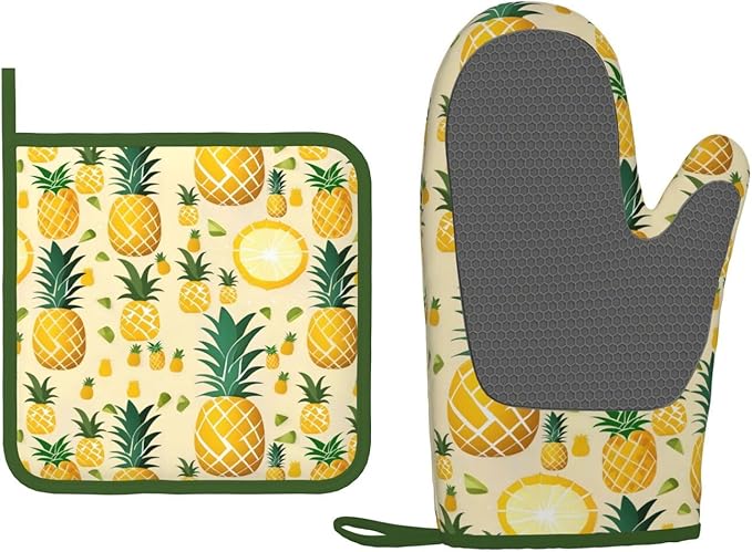 Oven Mitts and Potholders Funny Pineapple Silicone Glove Heat Resistant, Kitchen Gloves for Cooking, 2-Piece Set