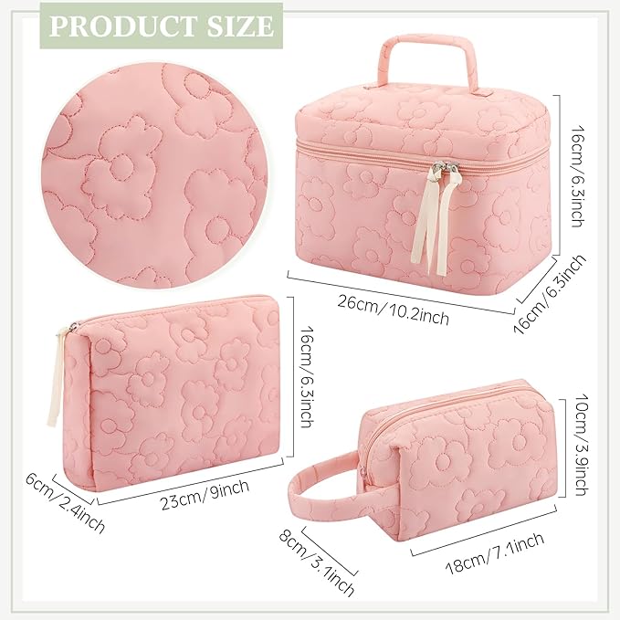 Paterr Makeup Bag Set 3 Pcs Large Quilted Cotton Make up Bags for Women Cosmetic Travel Toiletry Organizer Pouch Cute Aesthetic Storage Purse(Pink,Pink Flower)