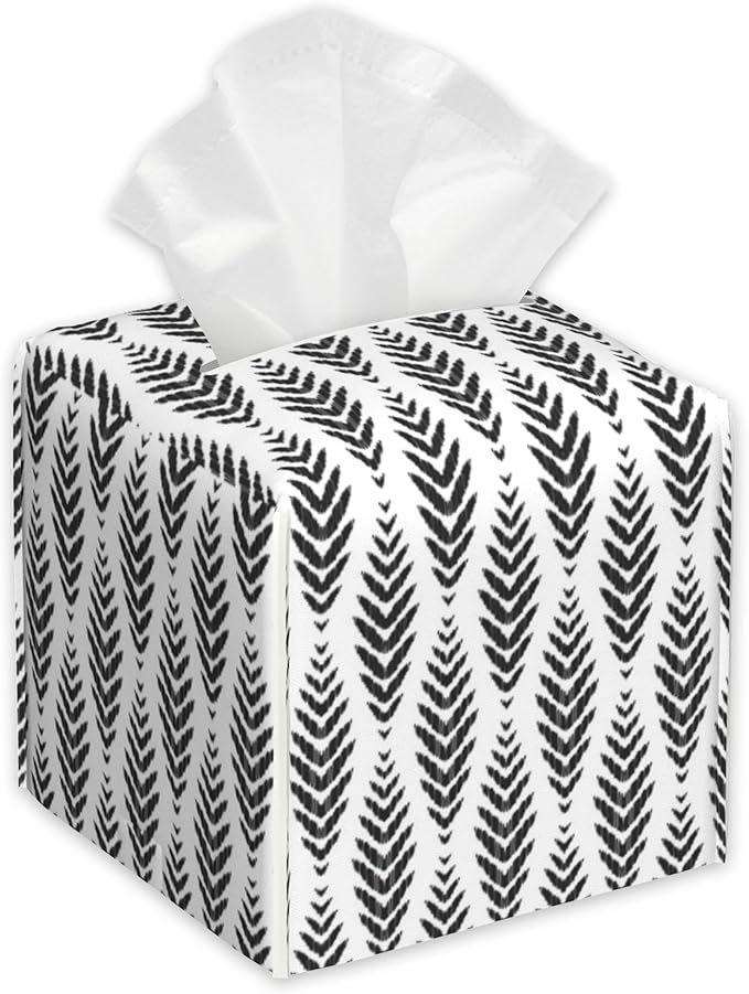 Chevron Wheat Ears Tissue Box Cover,PU Leather Tissue Box Holder Square,Modern Home Decoration for Bathroom Living Room Kitchen Office Car,5.2"×5.2"×5.2"