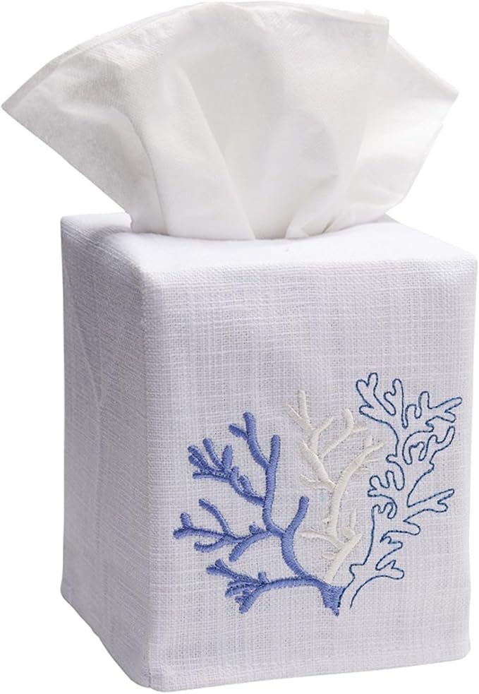 Jacaranda Living Square Tissue Box Cover, Linen/Cotton Fabric Tissue Holder, Decorative Cloth Tissue Cube Cover, Coastal Designs Coral, Blue