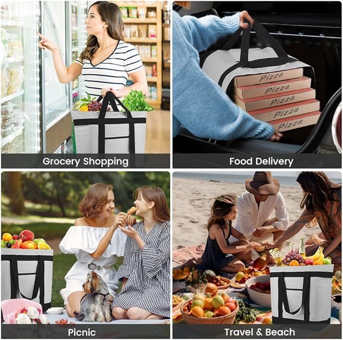 mosago Reusable Grocery Tote Bags, Insulated Cooler Shopping Bag for Women/Men, Pizza/Food Delivery Bags to Keep Food Hot/Cold for Uber Eats/Doordash/Grubub, Cooler Bag for Travel/Beach/Picnic, Grey