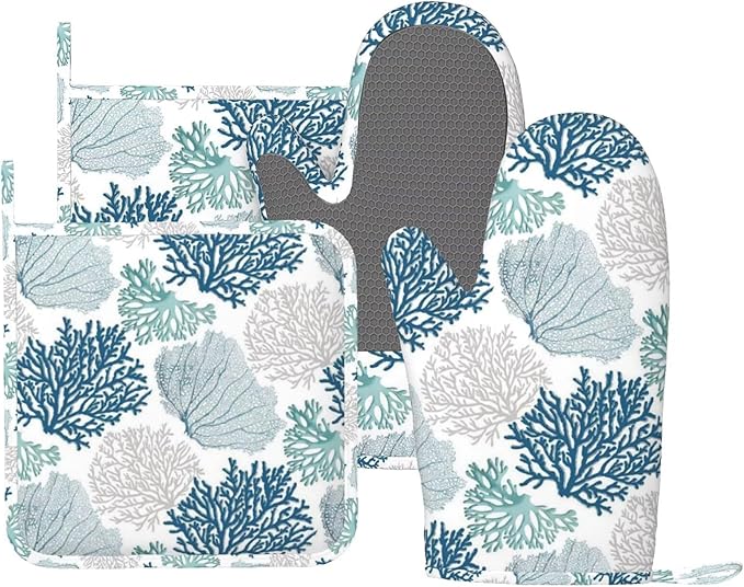 Nautical Blue Coral Oven Mitts and Pot Holders Set, 4pcs Silicone Coastal Teal Beige Coral Oven Glove for Kitchen Heat Resistant Beach Ocean Oven Mitts and Non-Slip Potholders Grey Blue