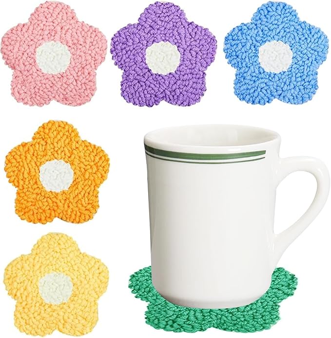 Allazone Punch Needle Coasters Kit, 6 PCS Flower Embroidery Punch Needle Kits, Punch Embroidery Kit with Felt Yarns Hoop Tools for DIY Crafts