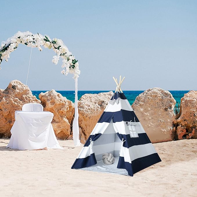 Ukadou Kids Teepee Tent for Boys Navy White Stripe Teepee Tent Indian Canvas Tents for Toddlers Indoor Playhouse Play Tent for Kids