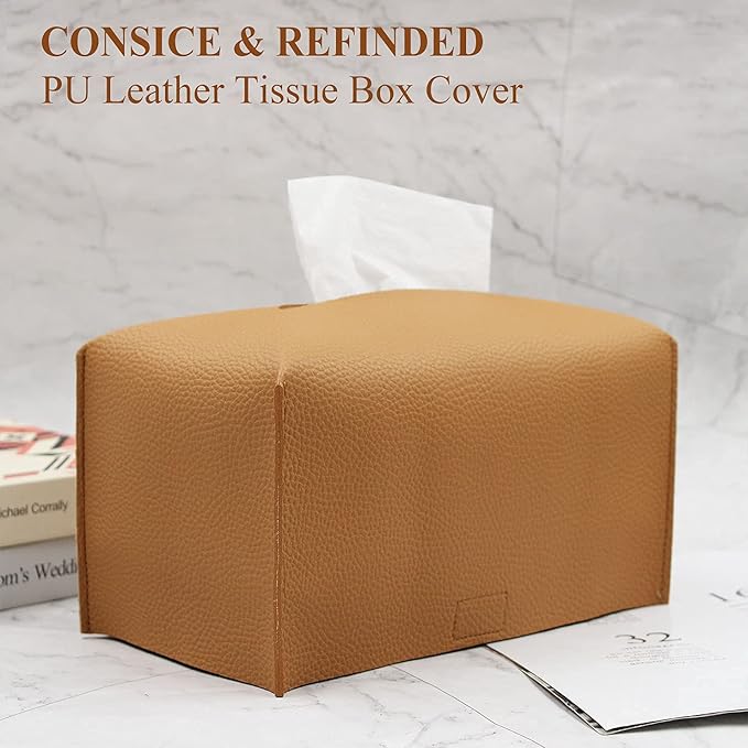 Livelab Tissue Box Cover, Modern Decorative PU Leather Rectangular Tissue Box Case Organizer Holder for Vanity Countertop, Night Stands, Livingroom, Office Desk & Car 9.5X5X5'' | Camel