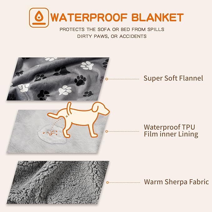 CAPT.SNOOZE Waterproof Dog Blankets Pet Blanket 50"x60", Soft Fluffy Sofa Car Bed Protector, Reversible Sherpa Fleece Dog Blanket for Large Dogs (Dark Grey-Paws)