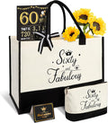 YeohJoy 60th Birthday Gifts for Women 60 and Fabulous Canvas Tote Bag Travel Gear, Unique 60 Years Old Gifts for Wife Sister Mom Aunt Friends Her, Handbag & Cosmetic Bag & 60 Birthday Poster