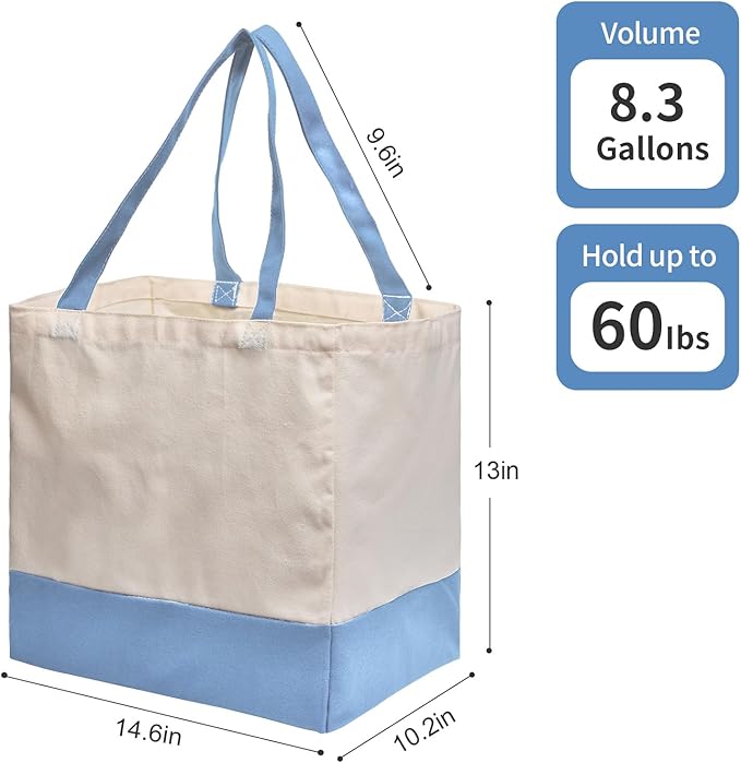 CNaiyunpin Reusable Grocery Bags Heavy Duty, 8.3 gal Foldable Large Canvas Tote Bag with Handles, Holds 60 lbs Canvas Shopping Bags, 3 Pack（Off White+Light Blue）