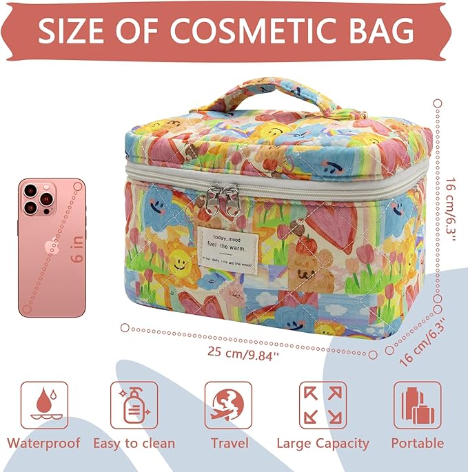 Large Makeup Bag, Cute Cosmetic Bag for Women Girls, Floral Coquette Aesthetic Toiletry Bag, Travel Make Up Organizer Bag (Heart Shape)