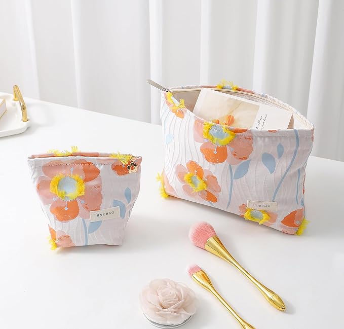 getgto 2 Pcs Makeup Bags, Large Cosmetic Bag Travel Toiletry Bag Organizer for Women, Embroidery Craft, Floral Makeup Bag Small Cosmetic Pouch Purse with Zipper Gifts for Girls Teen