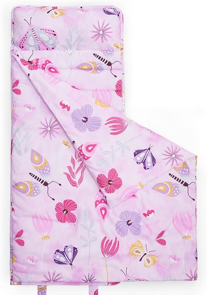 david's kids Toddler Nap Mat Set with Removable Pillow, Ultra Soft Slumber Bags for Girls，Perfect for Preschool, Daycare, Kids Sleeping Bags with Rollup Design, 50"x20", Butterfly