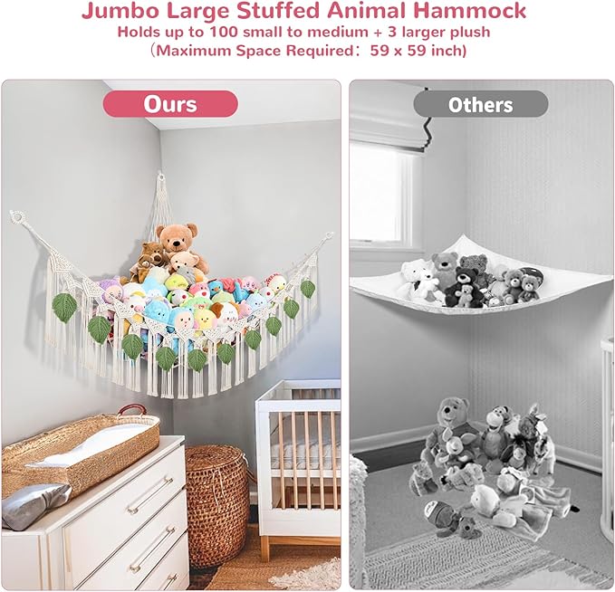 82.7x59x59 Inch Jumbo Stuffed Animal Storage Hammock Corner, Cream Macrame Green Leaf Hanging Stuffed Animal Net Organizer for Stuffy Plushie, Boho Toy Hammock Holder w/LED Light for Boy Girl Gift