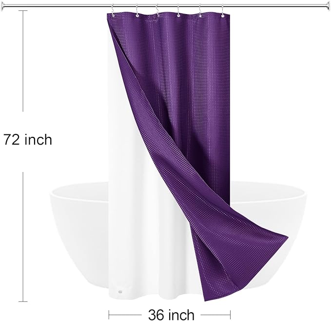 Craidlela 3 in 1 Stall Half Size Purple Shower Curtain Set-36 W x 72 H, Modern Waffle Waterproof Fabric and PEVA Liner Set with Stainless Steel Hooks