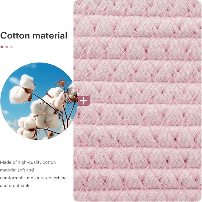 ECDYQXVU 5 Piece Storage Baskets Small Woven Basket with Detachable Leather Handle, Cotton Rope Shelf Baskets for Closet Organizers, Different Sizes Basket Decor, Light Pink