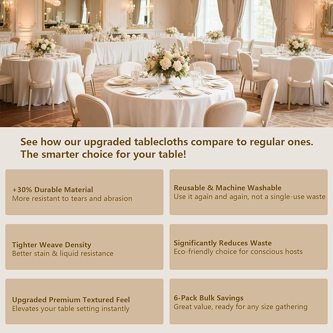White Round Tablecloth 6-Pack, 120 Inch Diameter Table Cloth for Round Tables - Polyester Fabric Tablecloths, Reusable & Washable Table Cover