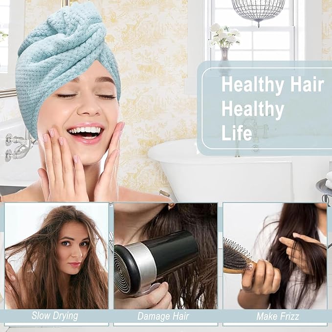 YHPDYL 3 Pack Microfiber Hair Towel Wrap for Women, Fast Drying Hair Turban with Button, Anti-Frizz Large Hair Towel for All Hair Styles, Soft & Absorbent Hair Drying Towel
