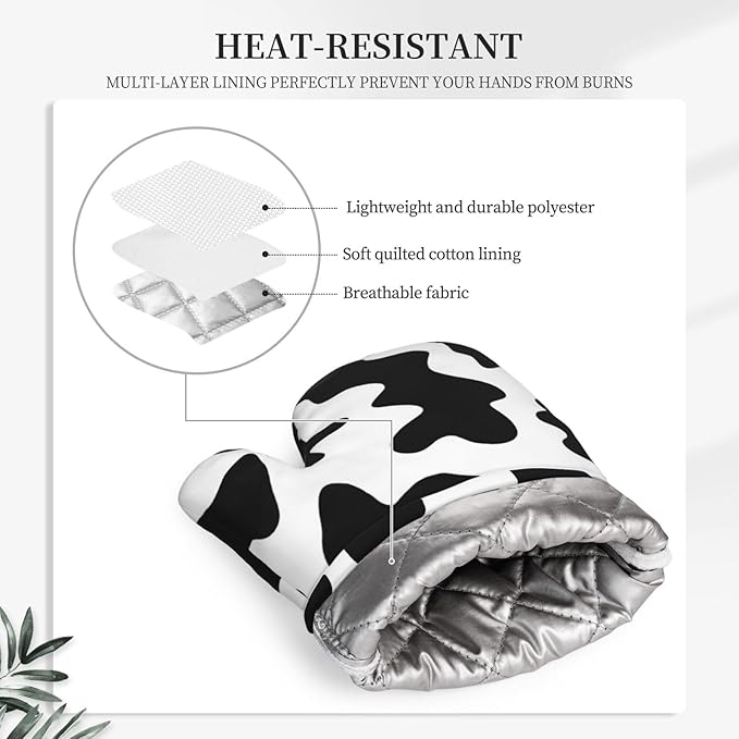 Silicone Oven Mitts and Pot Holders Sets, Home Cow Print Heat Resistant BBQ Gloves for Kitchen Baking Cooking Grilling Microwave