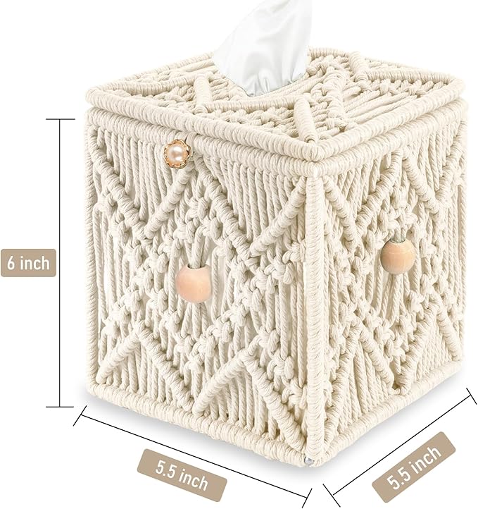 KaloKalo Handmade Tissue Box Cover Decorative Macrame Boho Square Tissue Holder Cotton Rope Woven Napkin Facial Paper Organizer Bohemian Desk Storage Container with Buckle Wood Beads (Ivory)