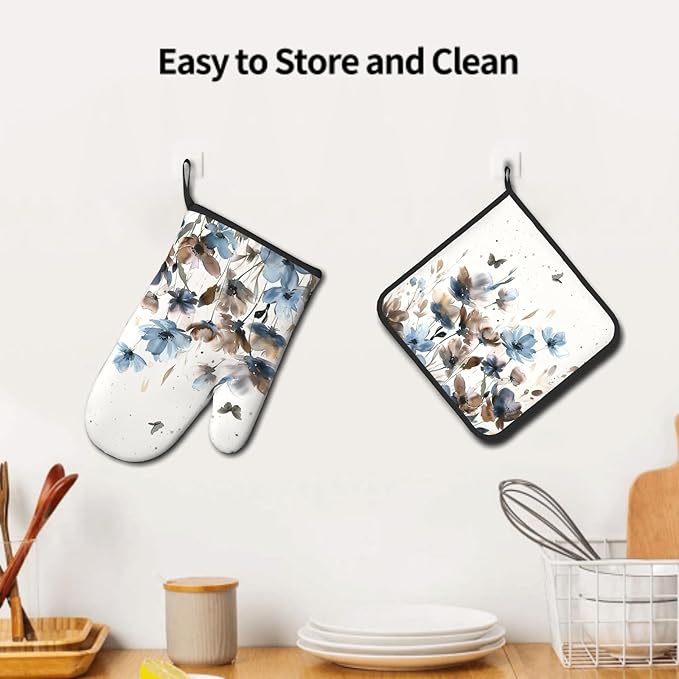 Blue Brown Floral Oven Mitts and Pot Holder Sets 2-Pack Watercolor Flower Kitchen Mitts Farmhouse Heat Resistant Oven Gloves Potholder for Home Kitchen Cooking Baking Grilling Gifts