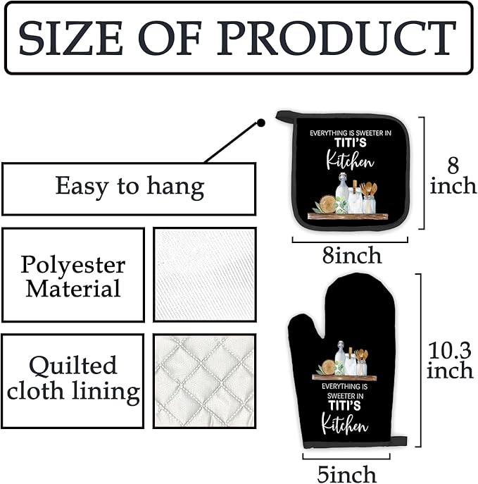 Titi Gifts Oven Mitts and Pot Holders Sets, Gifts for Titi Aunt Auntie Aunty, Titi Aunt Auntie Gifts from Nephew Niece, Sweeter in Titi’s Kitchen Heat Resistant Oven Glove Potholders for Kitchen