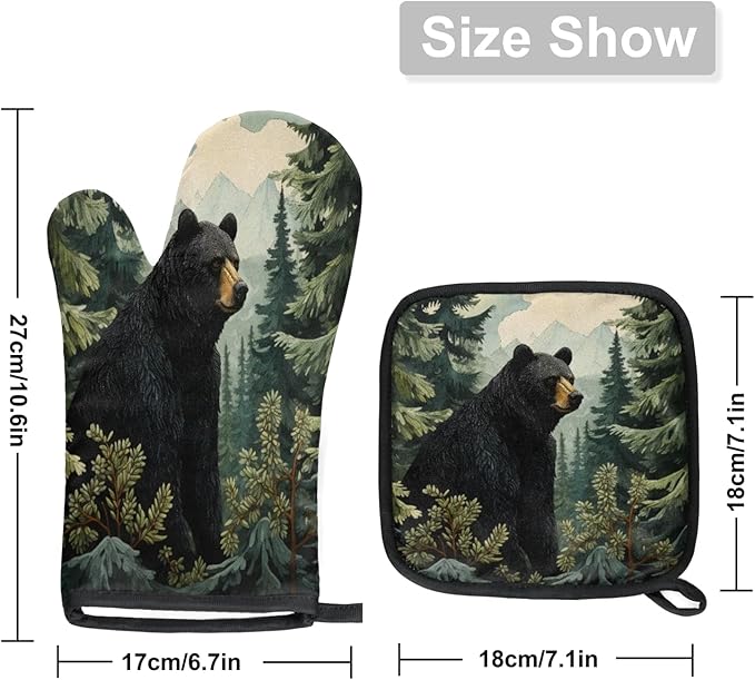Black Bear Forest Wild Animals Oven Mitts and Pot Holders Sets, 2 Pcs Decorative Kitchen Oven Glove for Cooking
