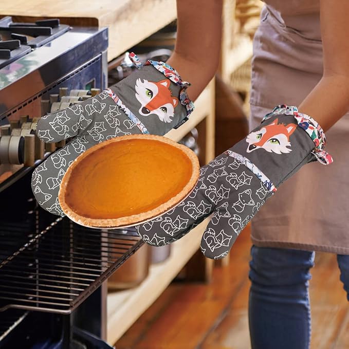 Oven Mitts, Heat Resistant Kitchen Mittens with Soft Quilted Cotton Lining Set of 2, Fashion Animal Design with Silicone Printing Anti-Slip Gloves for Baking Cooking Barbecue (Gray 2)