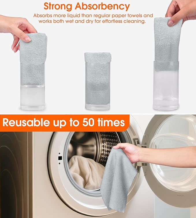 CHAUNCEY HOME Microfiber Cleaning Cloth Roll - 100 Pack Tear Away Microfiber Paper Towels, Reusable, Washable, Scratch-Free, Kitchen Towels for Car, Home, Kitchen, Glass, Dishes(Cloud Gray)