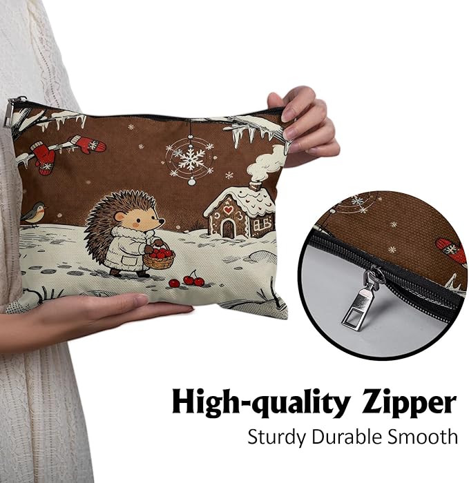 Cafl Hedgehog Winter Snow Makeup Bag Travel Large Cosmetic Bag Organizer toiletry Essentials Jewelry Zipper Bag Gift For Women -10×8 inch
