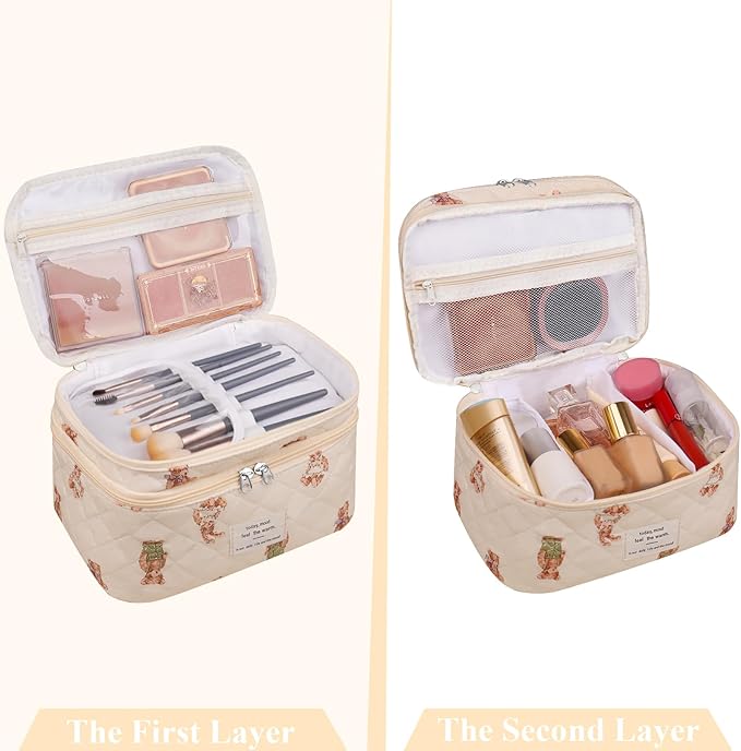 Makeup bag, Large Cosmetic Bag for Women Girls, Cute Quilted Makeup Bags, Floral Coquette Aesthetic Toiletry Bag, Travel Make Up Organizer Bag (Bear)