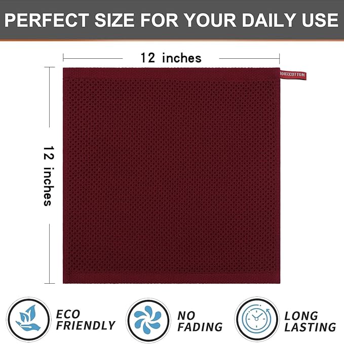 Kitinjoy 100% Cotton Kitchen Dish Cloths, 6 Pack Waffle Weave Ultra Soft Absorbent Dish Towels for Drying Dishes Quick Drying Kitchen Towels Dish Rags, 12 X 12 Inches, Burgundy