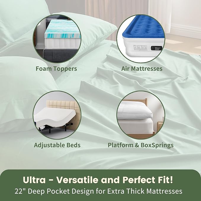 100% Linen Sheet Set King Size Extra Deep Pocket Fits 18-24 Inch Mattress, Breathable & Soft, Smooth 4-Piece Set for Thick Mattresses Hotel Luxury Bedding（King, Sage Green）