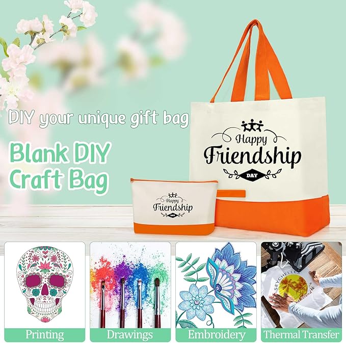 Sanwuta Canvas Tote Bags Bulk with Zipper Cosmetic Pouch 18.5" Reusable Cotton Shopping Bag with Handle for DIY Craft