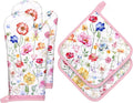 Wildflower Oven Mitts and Pot Holders Sets 4Pcs, 100% Cotton Heat Resistant, Extra Long Oven Gloves Potholder for Kitchen Cooking Baking Decoration