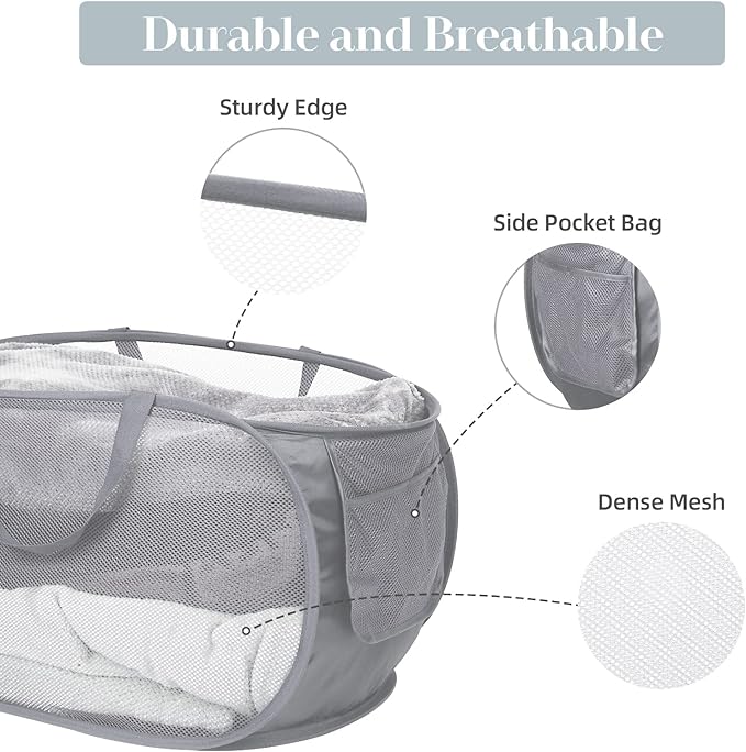 2 Pack Durable Collapsible Laundry Baskets - Reinforced Mesh Pop Up Laundry Hamper with Pocket, Foldable Dirty Clothes Hamper with Carry Handles for Laundry, Bathroom, Kids Room, Dorm or Travel Grey